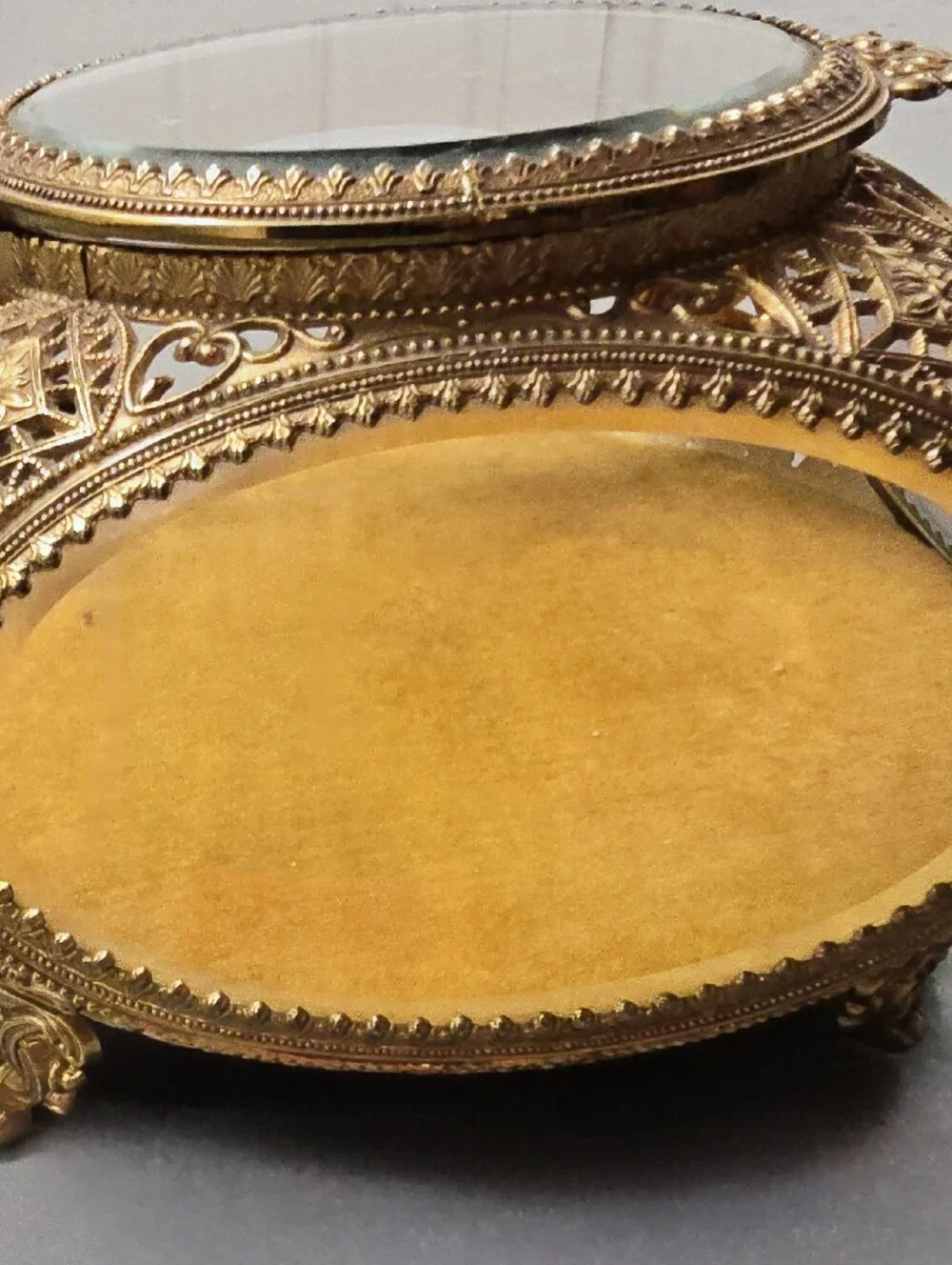 Vintage Ormolu Jewelry Casket Yellow Velvet Beveled Glass Trinket Box